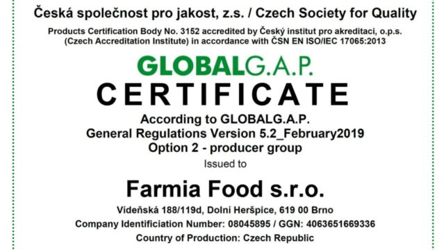 Farmia Food získala prestižní certifikát GLOBALG.A.P.
